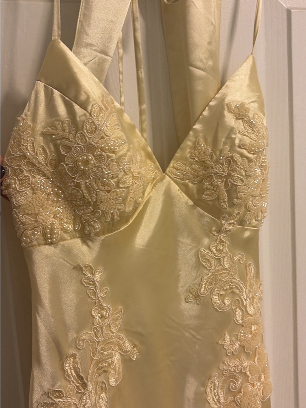 Windsor Pale Gold Satin Prom Dress with Lace Appliqué